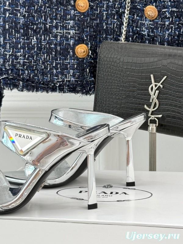 Prada Pointed Toe High Heel Sandals with Triangle Buckle - KFY00280