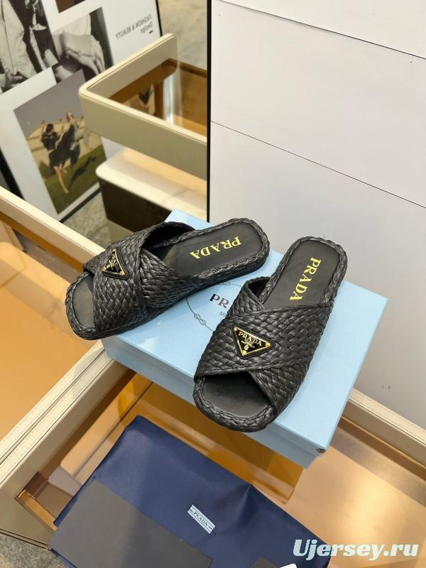 Prada 2025 SS Raffia Handwoven Cross Strap Sandals - KFY00260