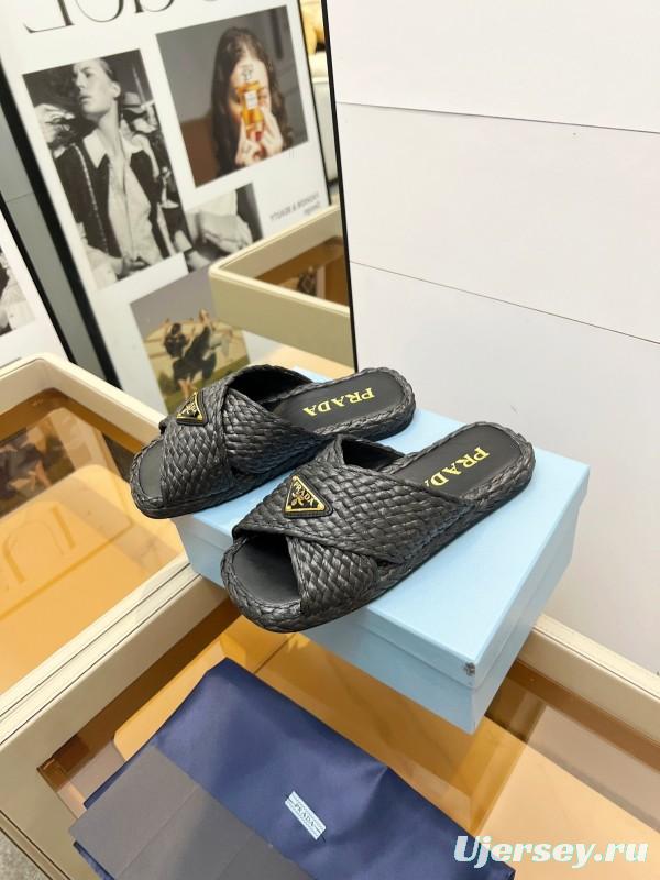 Prada 2025 SS Raffia Handwoven Cross Strap Sandals - KFY00260
