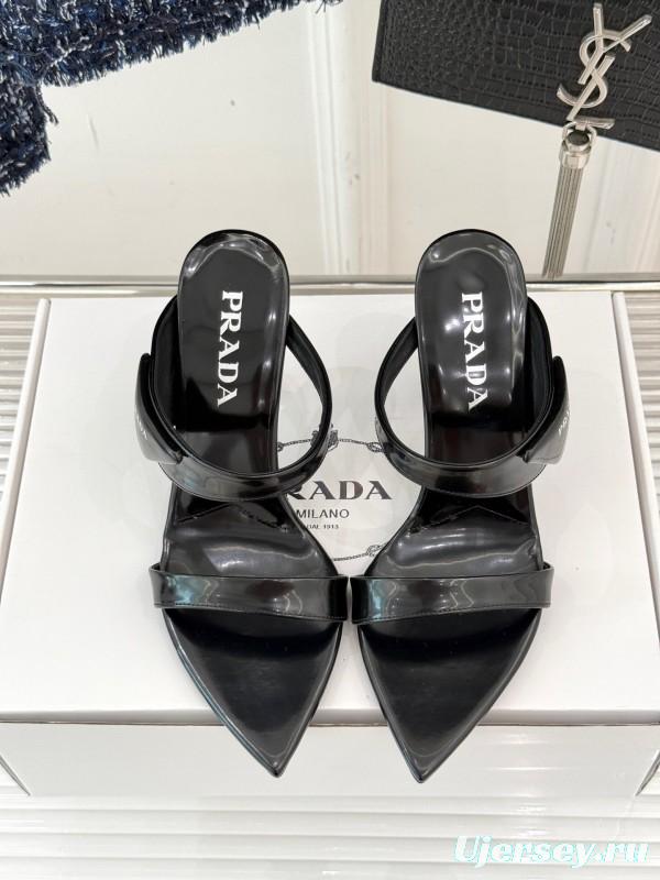Prada Pointed Toe High Heel Sandals with Triangle Buckle - KFY00280