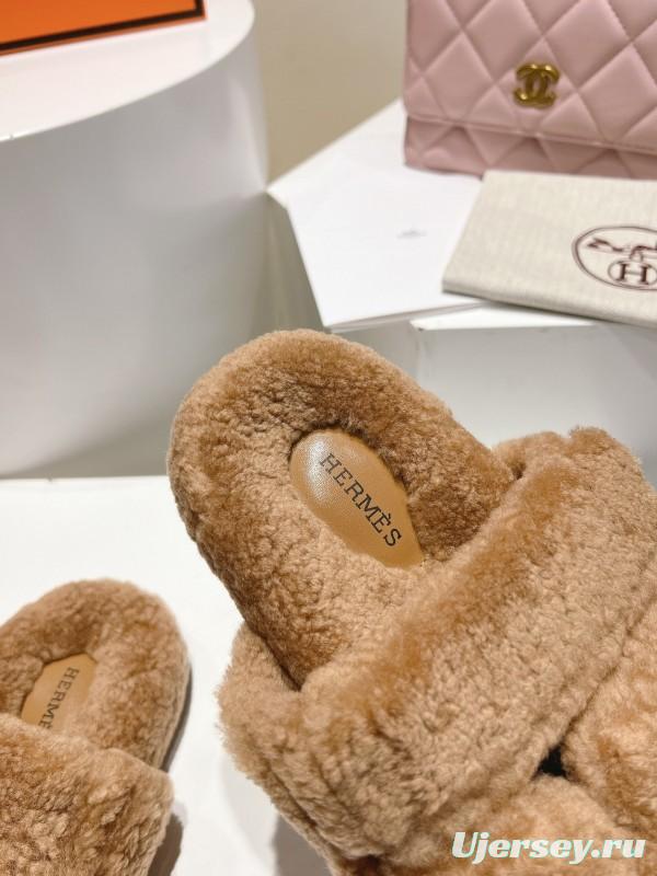 H Love Tulle Full Wool Fur Slippers with Wavy Fur - LY00270