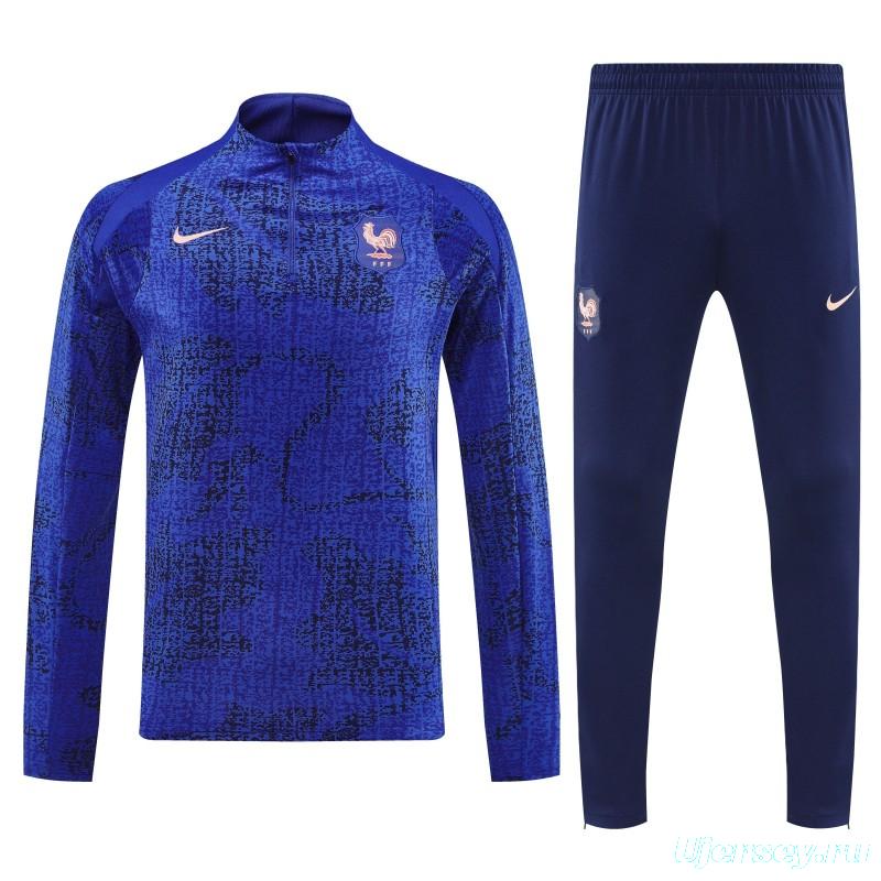 2025 France Royal Blue with Textured Pattern Half Zipper Jacket Tracksuit +Long Pants