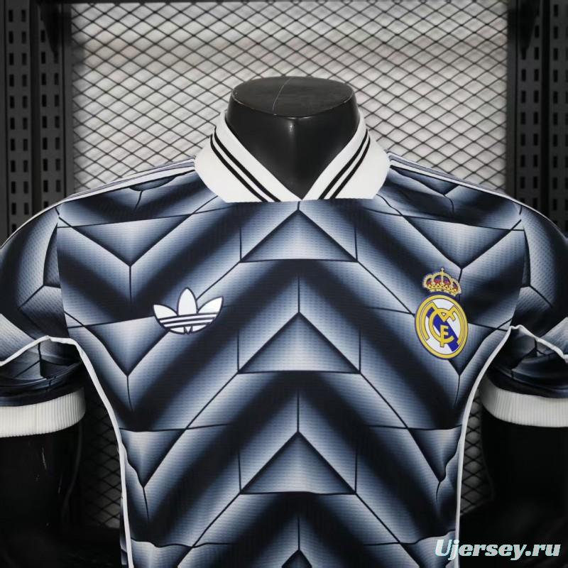 Player Version  1988/89 Real Madrid Third Navy Blue with 3D Geometric Chevron Pattern Jersey