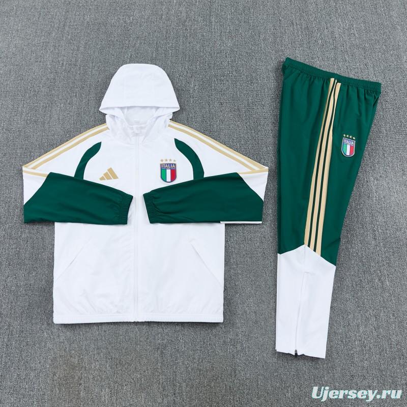 2026 Italy White Hoodie Full Zipper Windbreaker + Long Pants