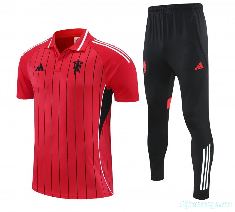 26/27 Manchester United  Red Stripes  Polo Training Shirt + Long Pants Tracksuit