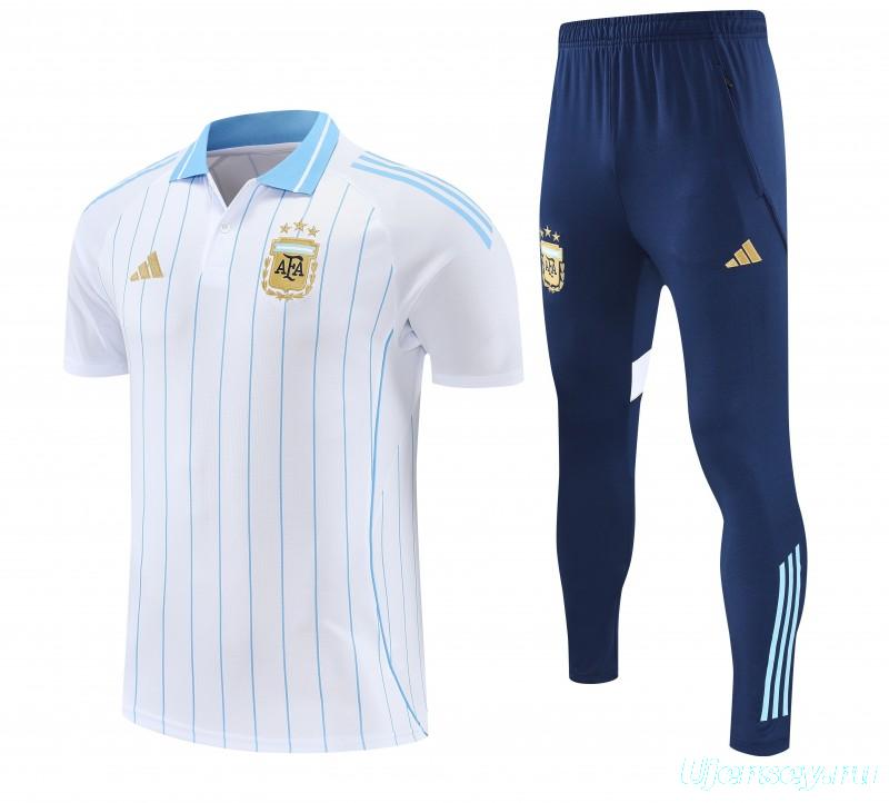 26/27 Argentina White Stripes Polo Training Shirt + Navy Blue Long Pants Tracksuit