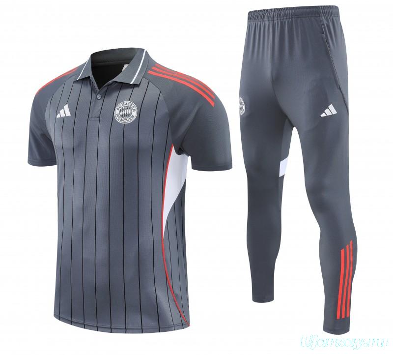 26/27  Bayern Munich Grey Stripes Polo Training Shirt + Long Pants Tracksuit