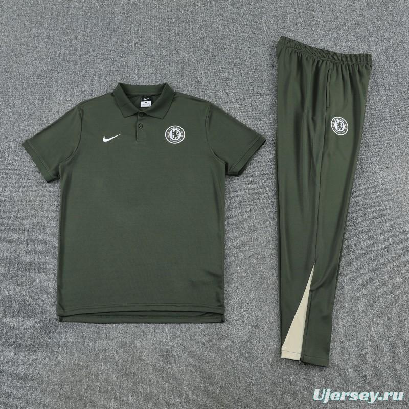 26/27 Chelsea  Dark Green Polo Training Shirt + Long Pants Tracksuit
