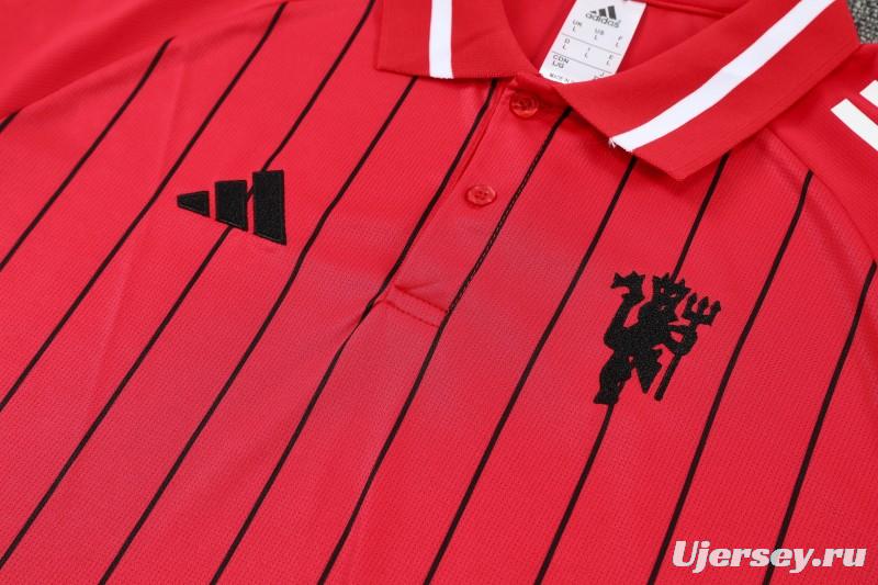 26/27 Manchester United  Red Stripes  Polo Training Shirt + Long Pants Tracksuit