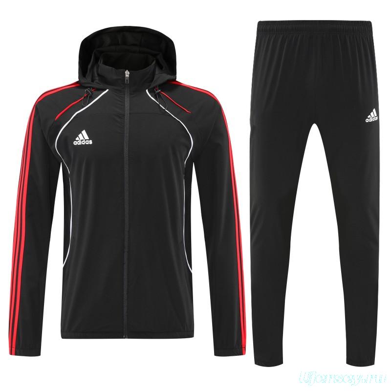 26/27 Adidas Black With Red stripes Full Zipper Hooded Jacket Tracksuit + Long Pants