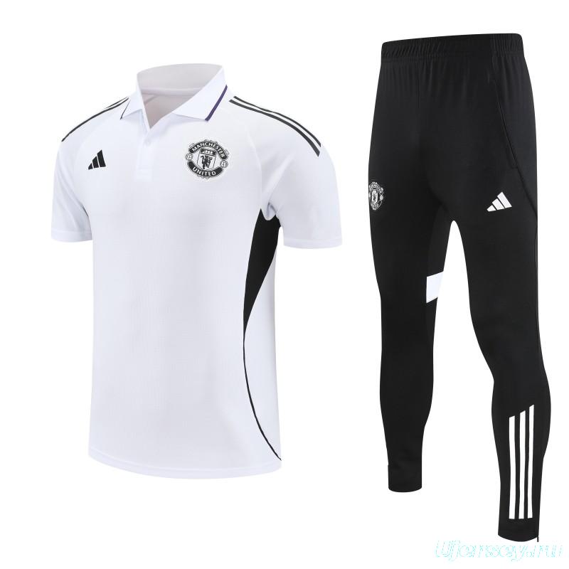 26/27  Manchester United White Polo Training Shirt + Long Pants Tracksuit