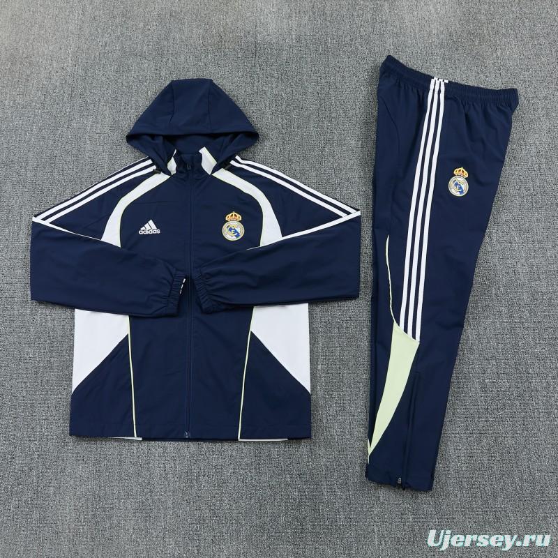 26/27 Real Madrid Navy Blue Full Zipper Hooded Windbreaker Tracksuit + Long Pants