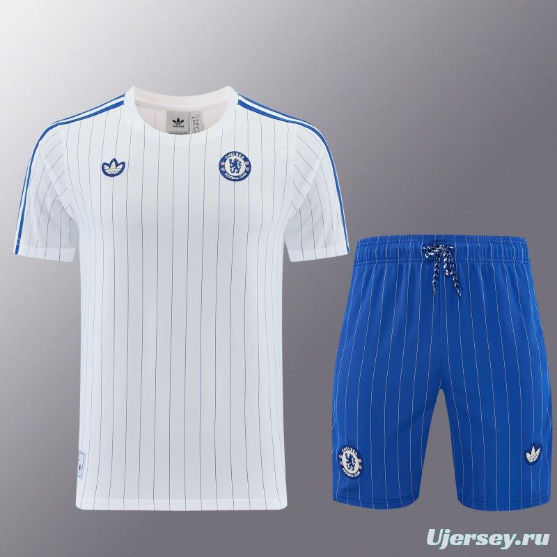 26/27 Chelsea FC White Stripes Short Sleeve+Blue Soccer Shorts