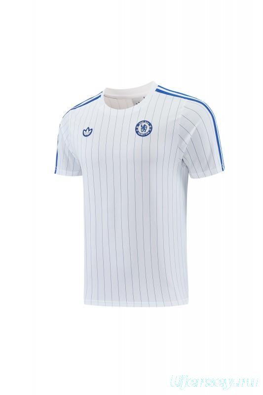 26/27 Chelsea FC White Stripes Short Sleeve+Blue Soccer Shorts