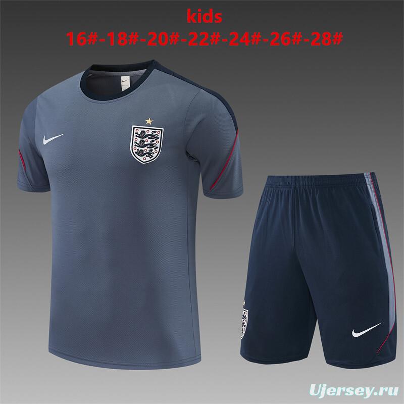 2026 Kids  England Grey Short Sleeve+ Navy Blue Soccer Shorts