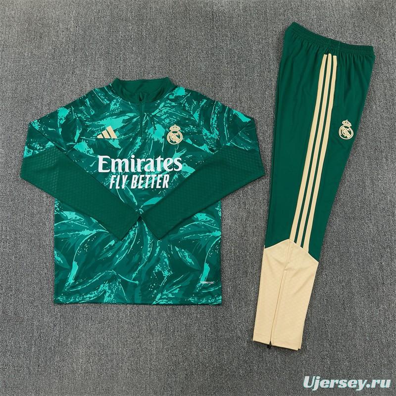 2026 Real Madrid Dark Green Camouflage  Half Zipper Jacket Tracksuit + Long Pants (Adidas)