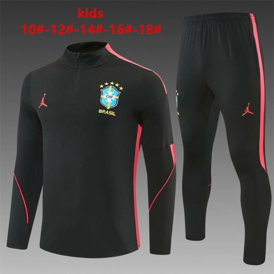 26/27 Kids Brazil Black & Red Half Zipper Jacket Tracksuit + Long Pants