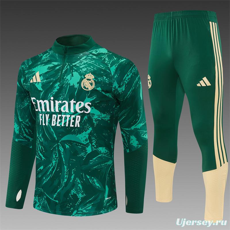 2026 Real Madrid Dark Green Camouflage  Half Zipper Jacket Tracksuit + Long Pants (Adidas)