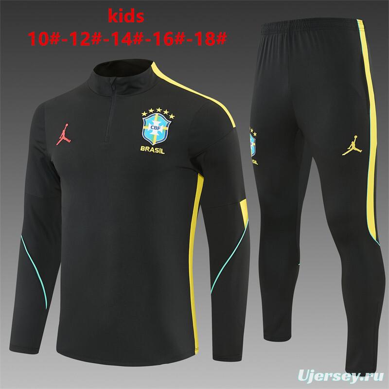 2026 Kids Brazil Black & Yellow Half Zipper Jacket Tracksuit + Long Pants