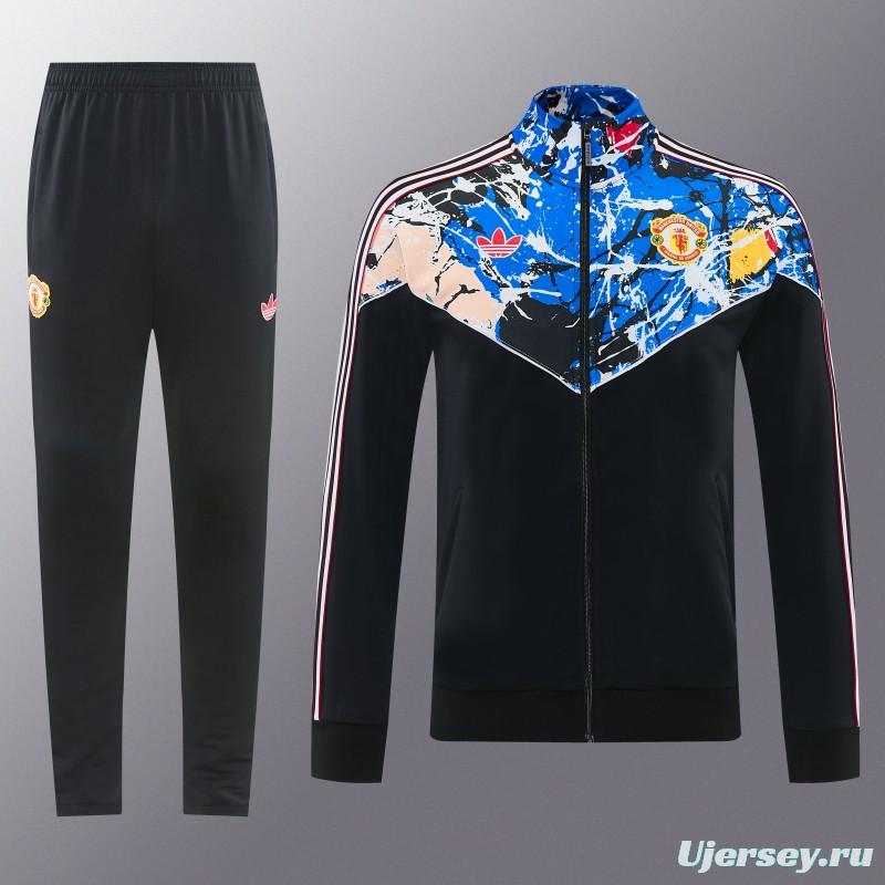 2026/27 Manchester United Black Grunge Splatter Paint Full Zipper Jacket Tracksuit + Long Pants