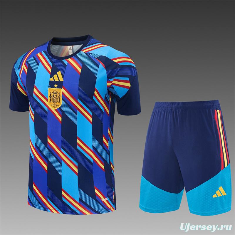 2026 Spain Navy Blue Multi-Color Diagonal Stripe Short Sleeve+Soccer Shorts