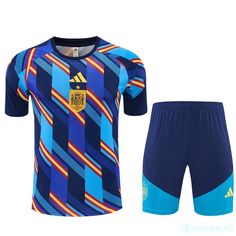 2026 Spain Navy Blue Multi-Color Diagonal Stripe Short Sleeve+Soccer Shorts