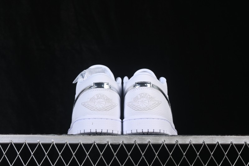 Nike Air Jordan 1 Low Retro Basketball Shoes with All-White Silver Swoosh - IQ9381-100
