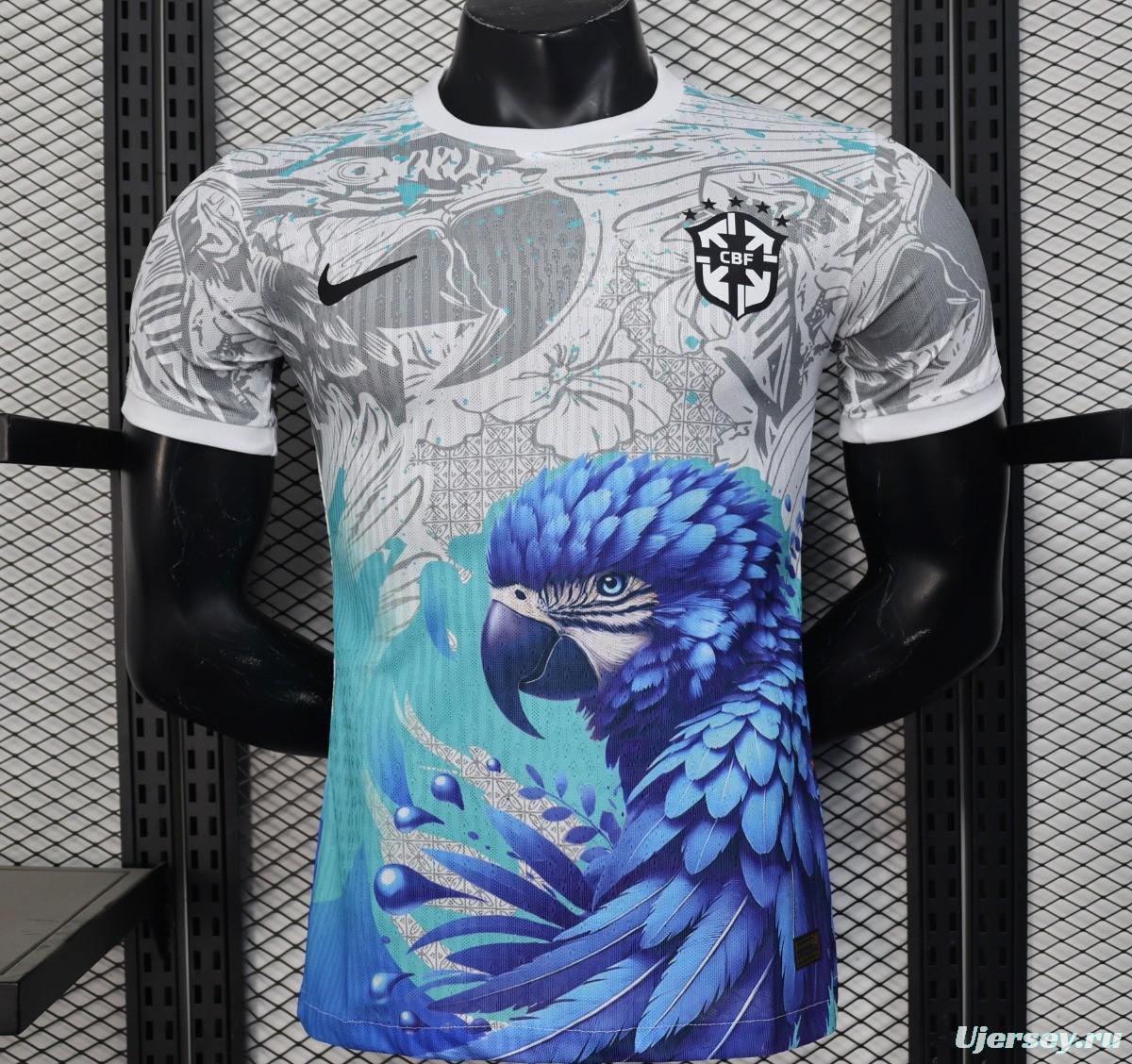 Player Version 2025 Brazil White with Blue Macaw Jersey