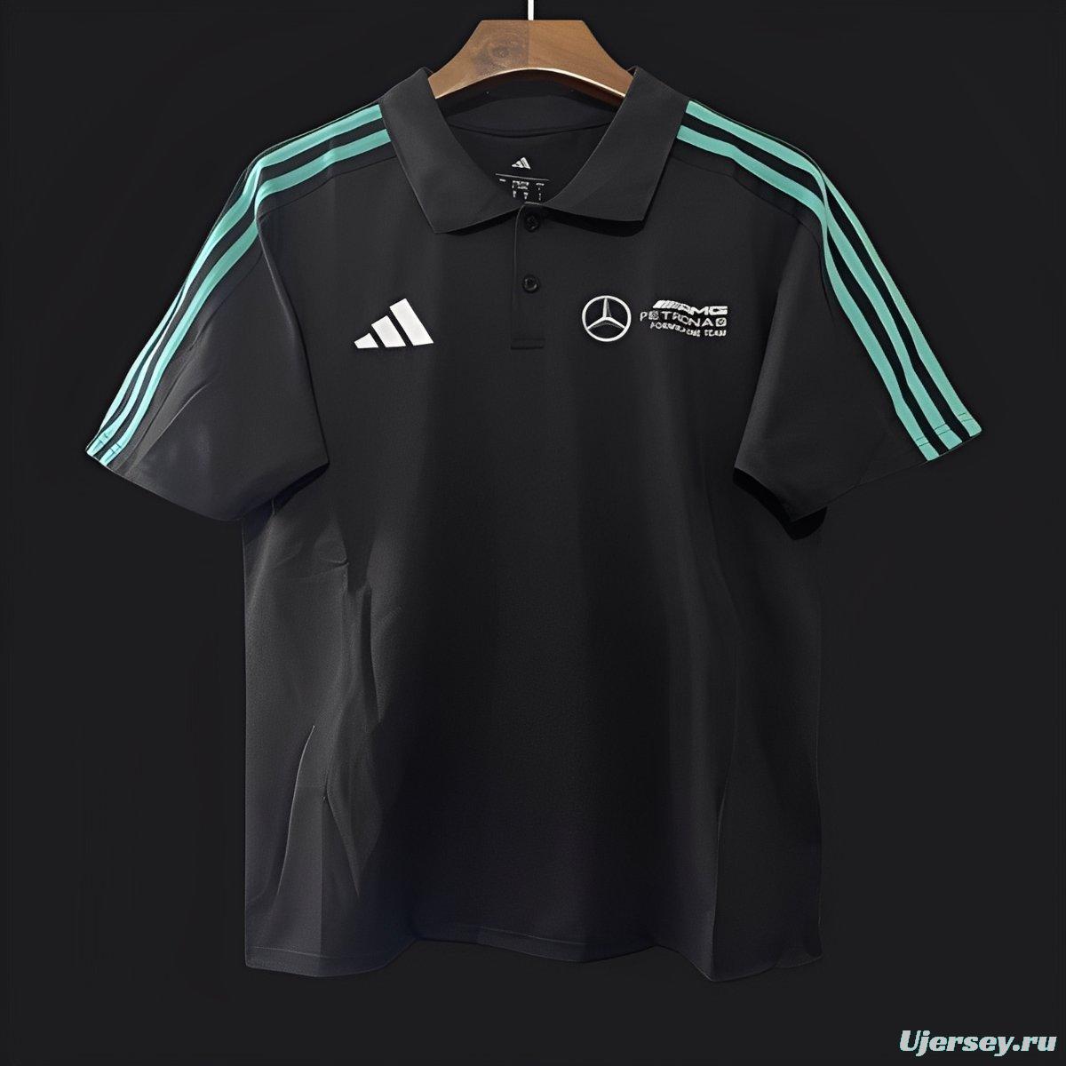2025 F1 Mercedes-AMG Petronas Formula One Team Black with Turquoise Three Stripes Polo Shirt