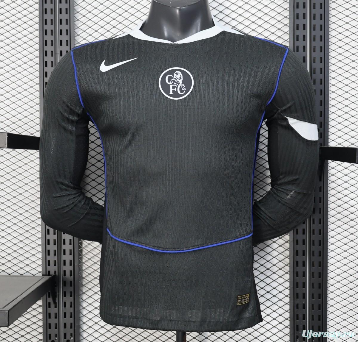 25/26 Player Version  Chelsea Away Dark Gray with Vertical Stripe Texture and Blue Piping Jersey