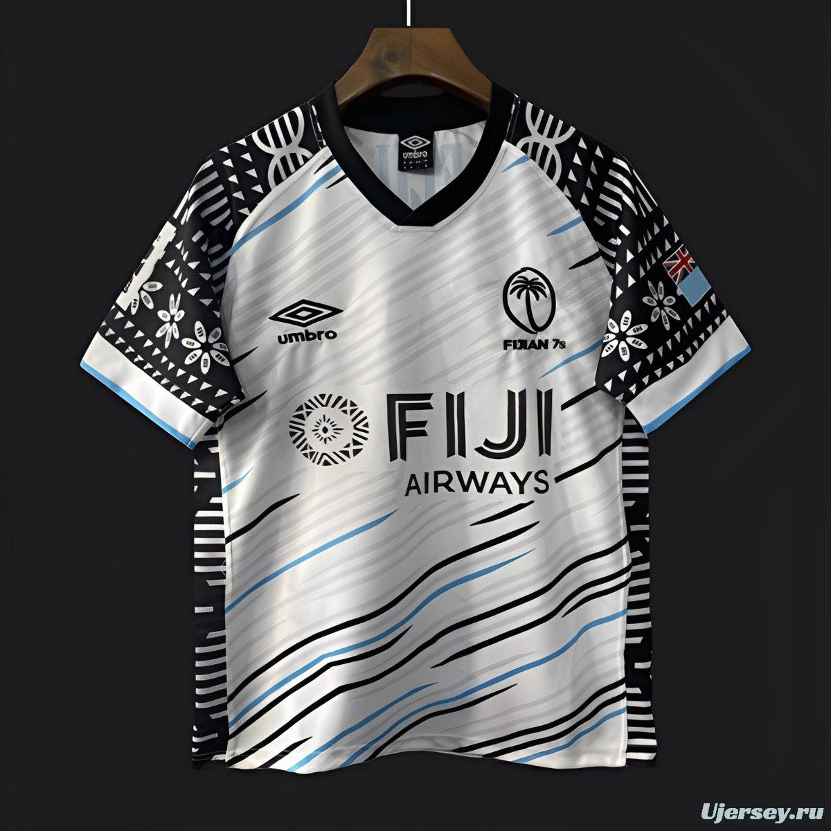 2025 Fiji 7s White with Wave Pattern and Traditional Tapa Cloth Design Jersey