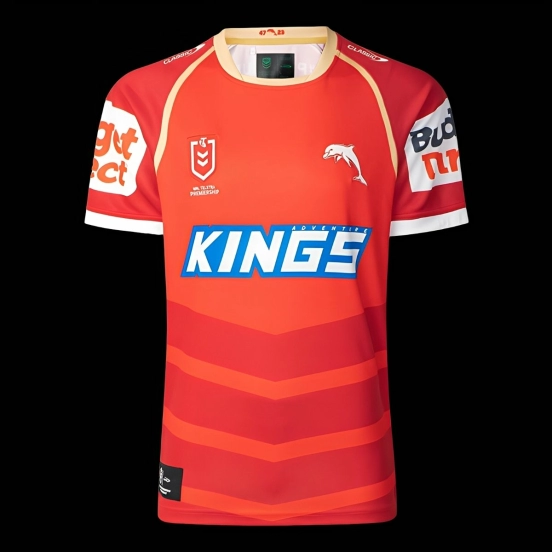 2025 Redcliffe Dolphins Red with Tonal Hoops Home Jersey