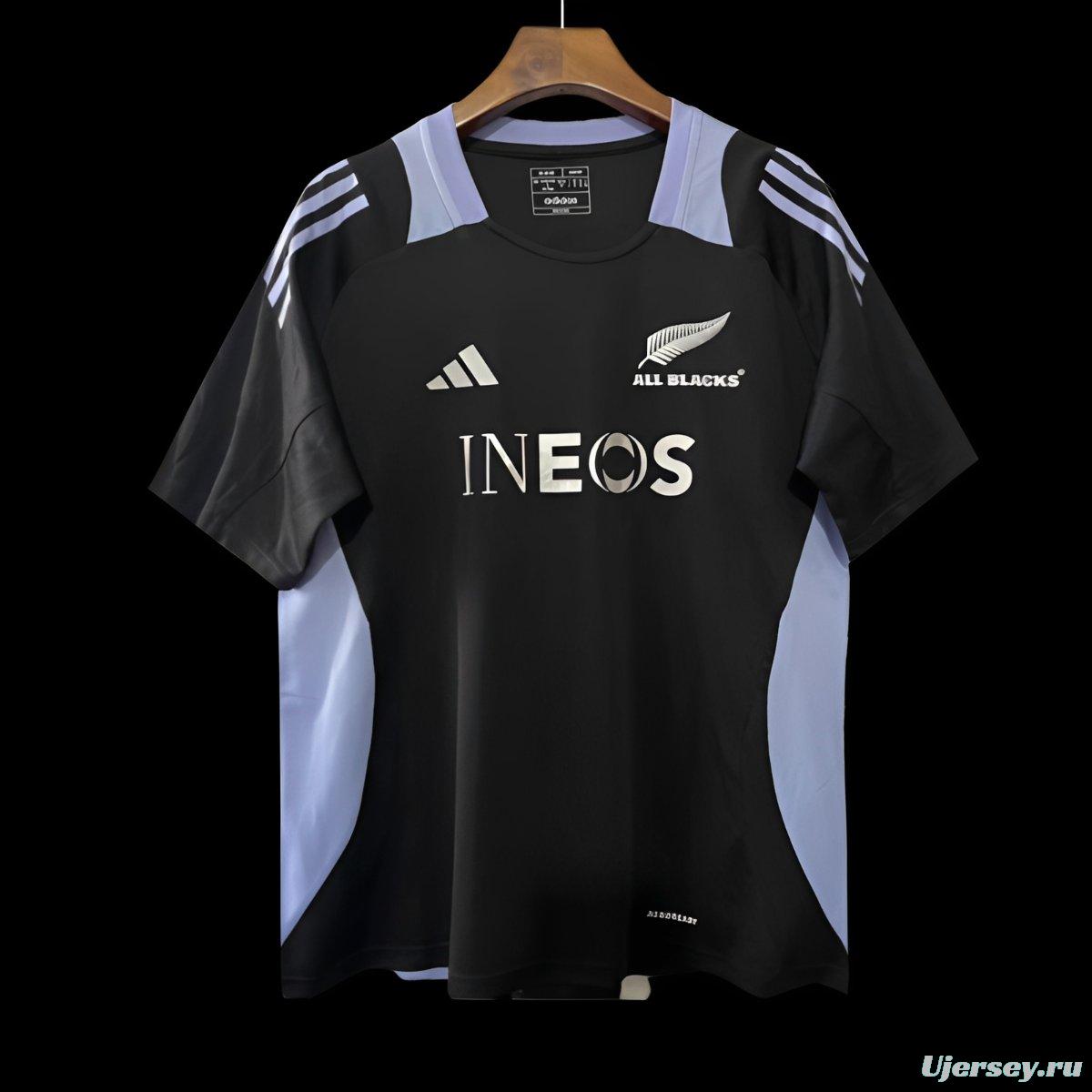 2024 New Zealand All Blacks Black with Light Blue Side Panels and Three Stripes Jersey
