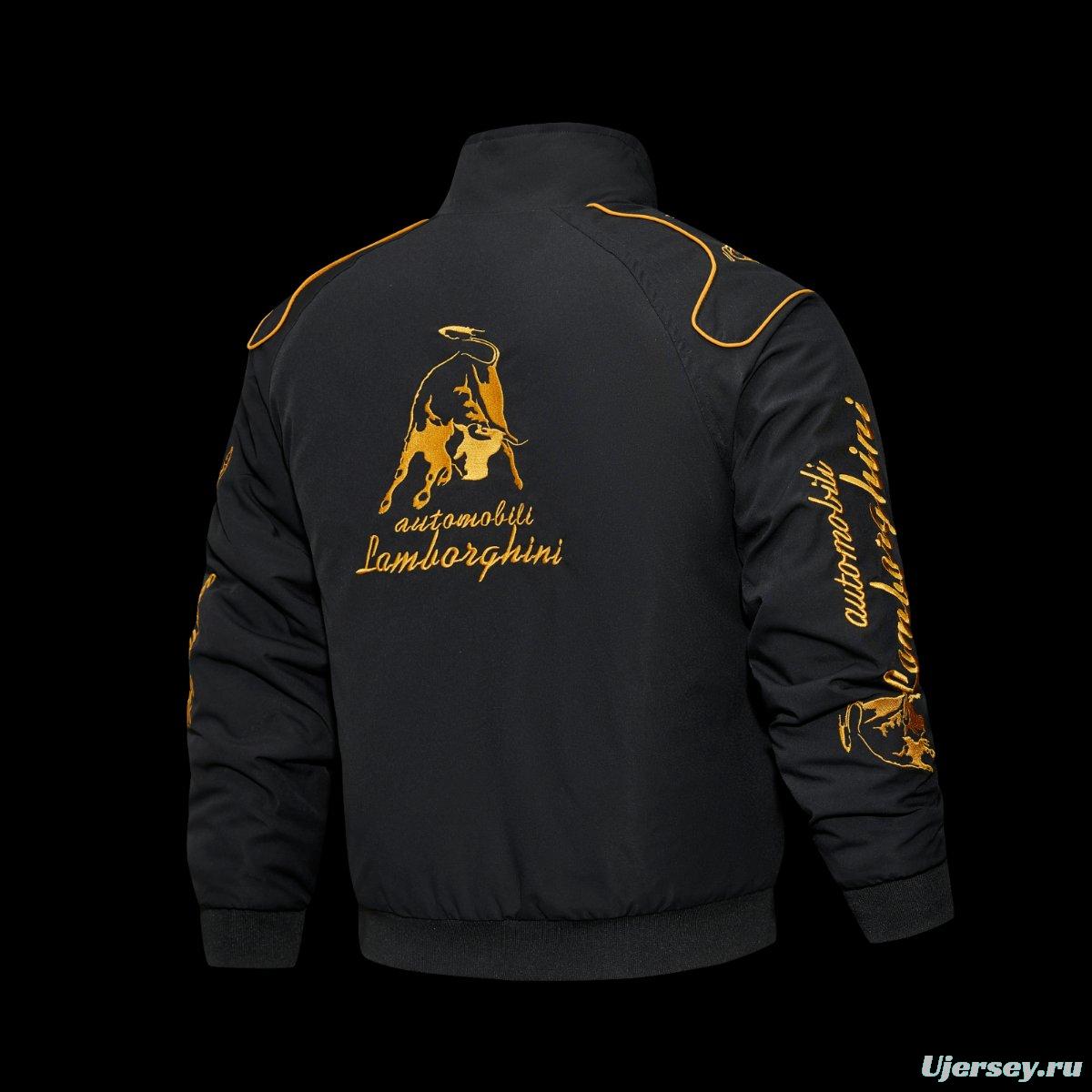 2026 F1 Lamborghini Automobili Black Racing Jacket with Gold Bull Logo Embroidery and Piping Details