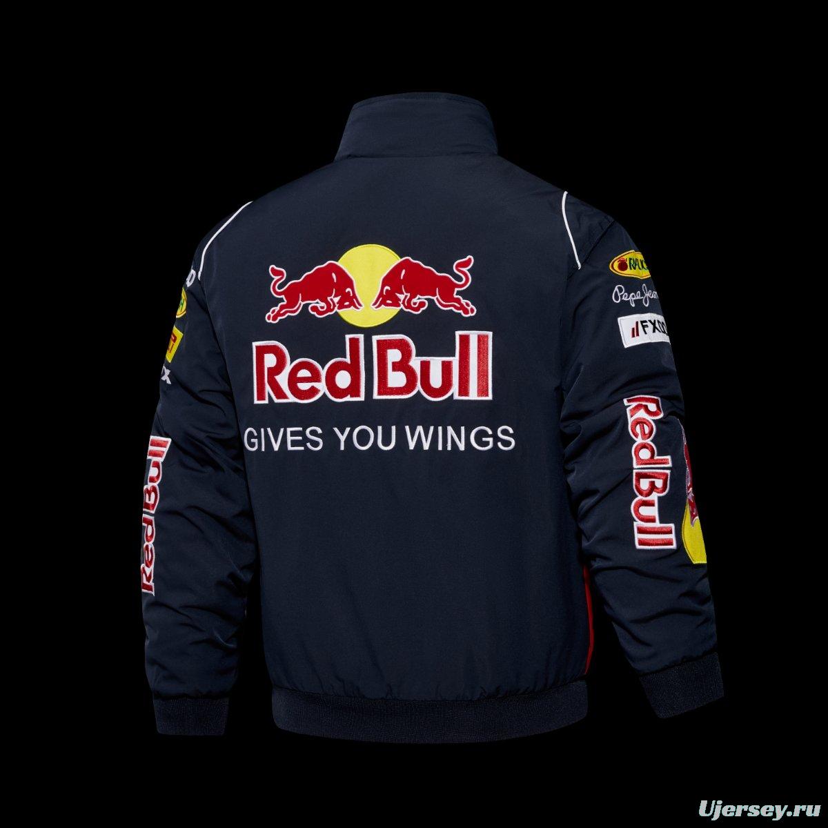 2026 Red Bull Infiniti F1 Racing Team Navy Blue Jacket with Multi-Sponsor Logos and Blue Accents