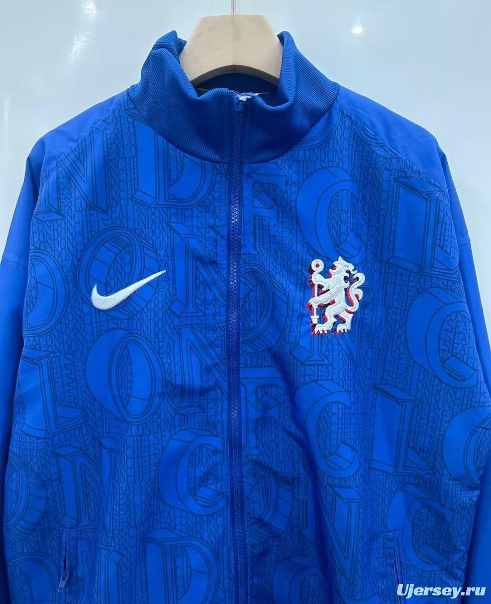 25/26 Chelsea FC Blue with All-Over London Text Pattern Full Zipper Windbreaker