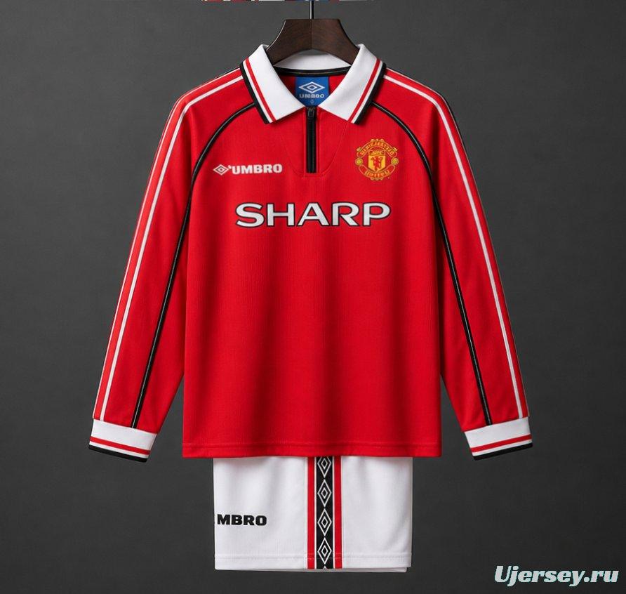 Retro Kids 98/99 Manchester United Red Home Long Sleeve Jersey