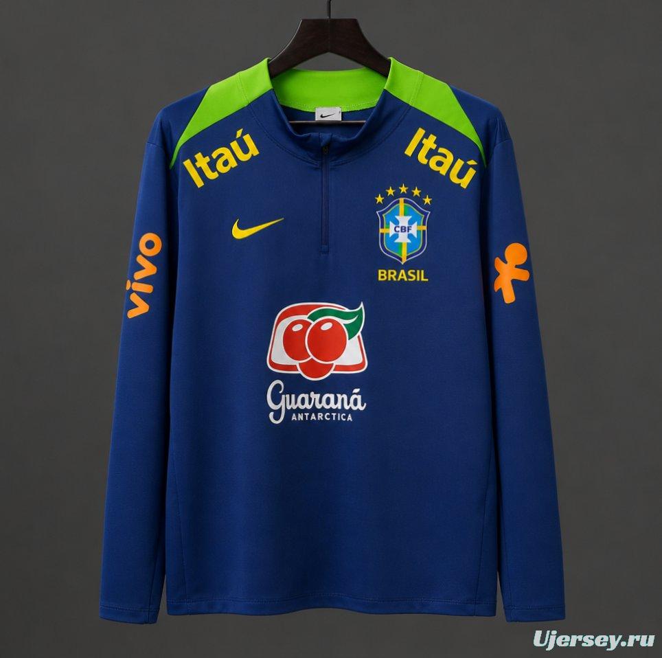 2024 Brazil Navy Blue with Lime Green Long Sleeve Half-Zip Training Top