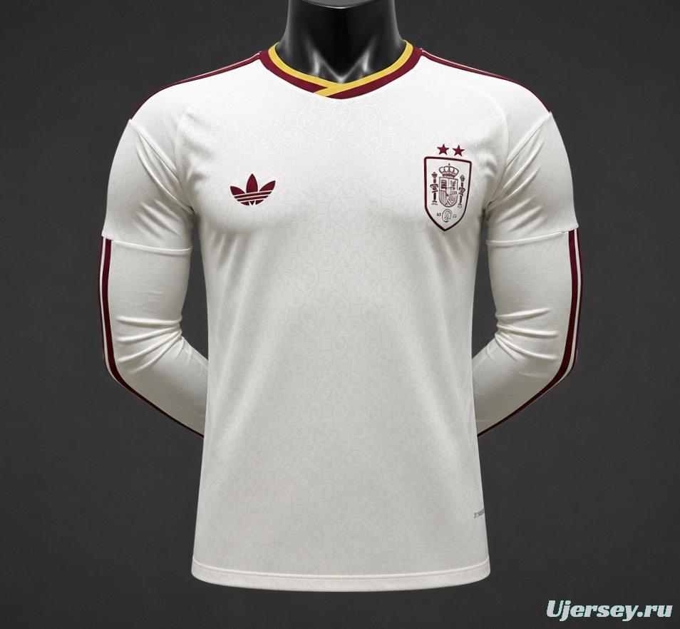Player Version 2 Star 2026 Spain Away White Long Sleeve Jersey With Champion Patch