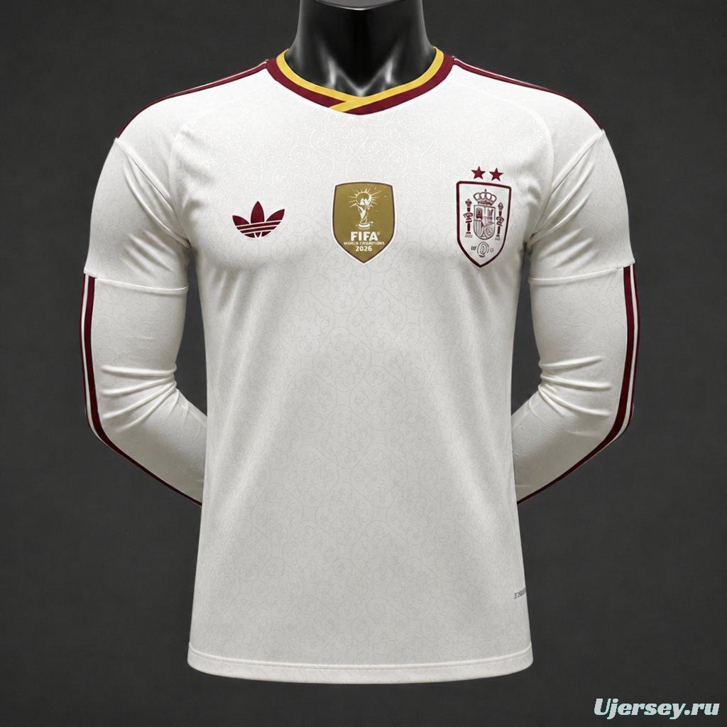 Player Version 2 Star 2026 Spain Away White Long Sleeve Jersey With Champion Patch