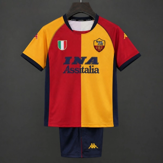 Retro Kids 00/01 AS Roma Maroon and Yellow Home Jersey
